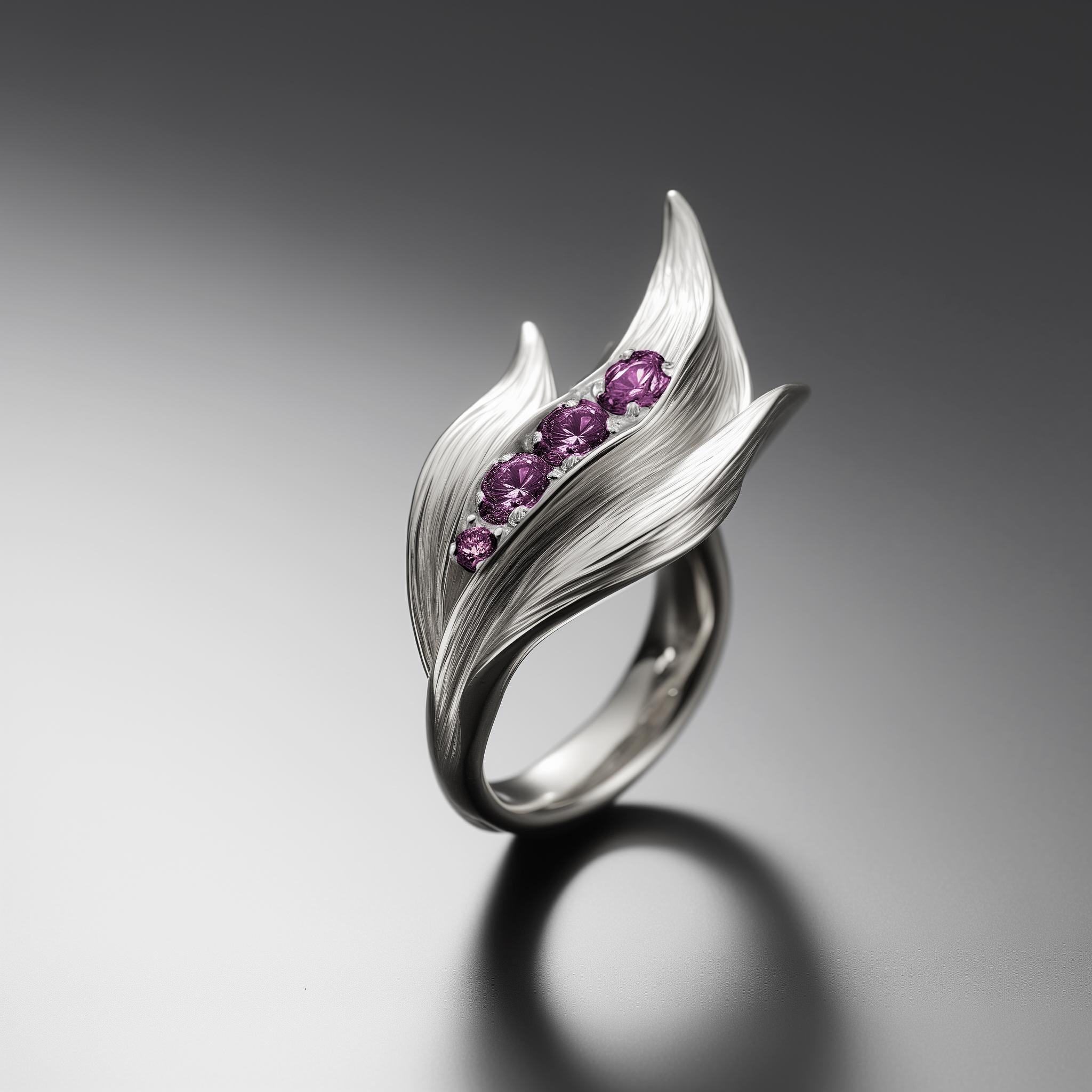 Women's or Men's White Gold Contemporary Lily of The Valley Ring with Purple Sapphires For Sale