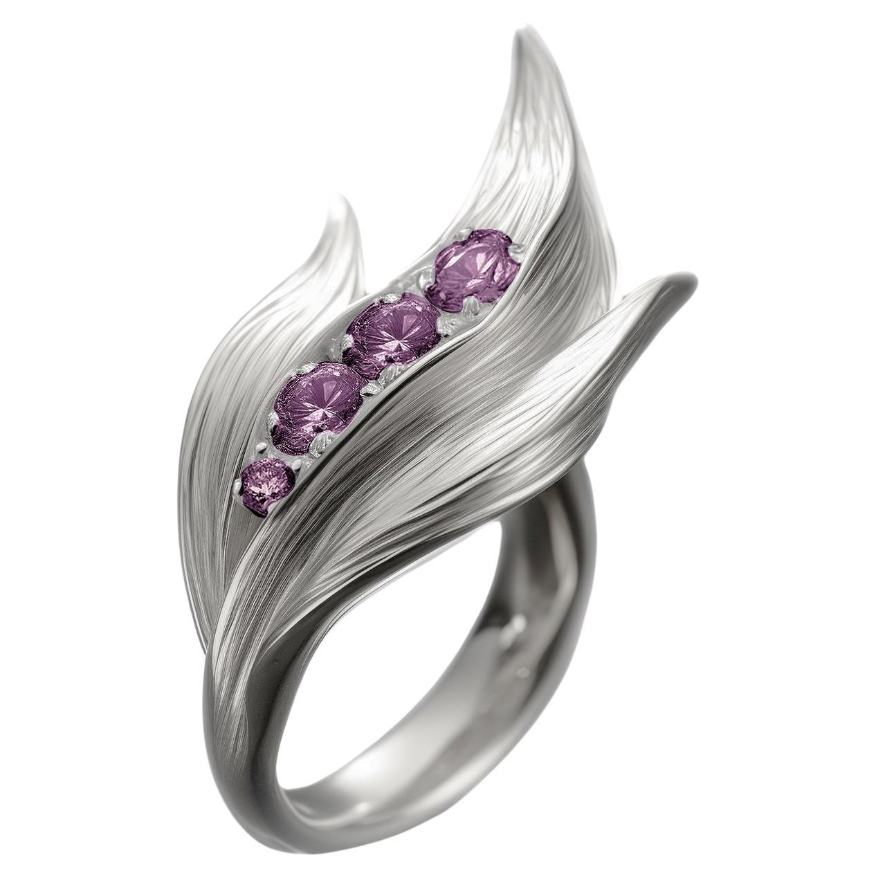 White Gold Contemporary Lily of The Valley Ring with Purple Sapphires