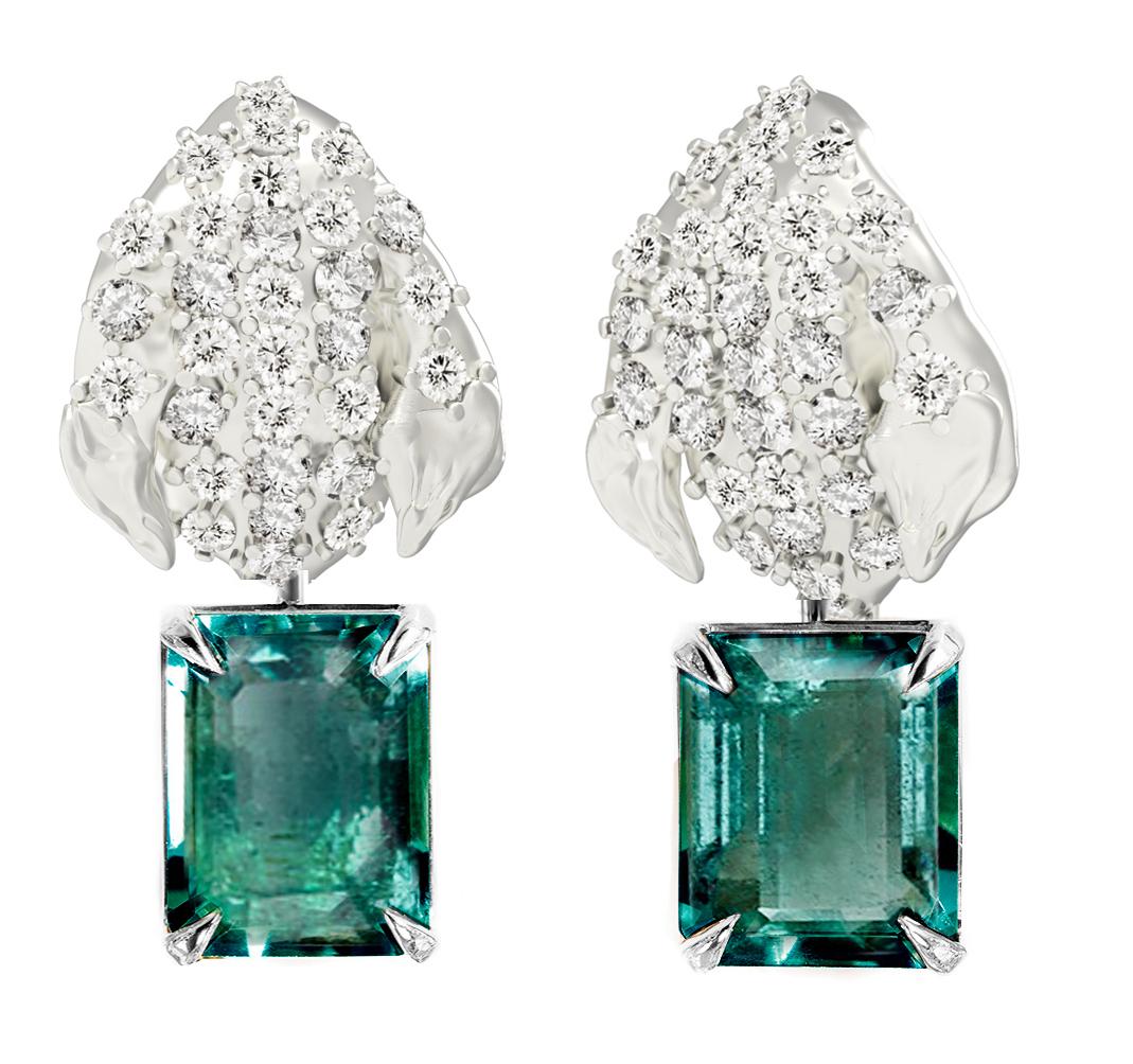 White Gold Contemporary Peony Petal Clip-On Earrings with Emeralds and Diamonds For Sale 2
