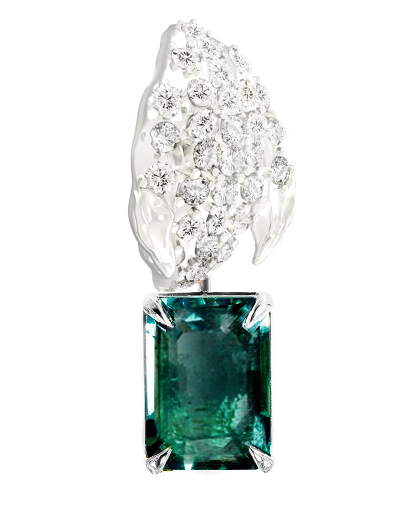 White Gold Contemporary Peony Petal Clip-On Earrings with Emeralds and Diamonds For Sale 5