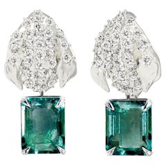 White Gold Contemporary Peony Petal Clip-On Earrings with Emeralds and Diamonds