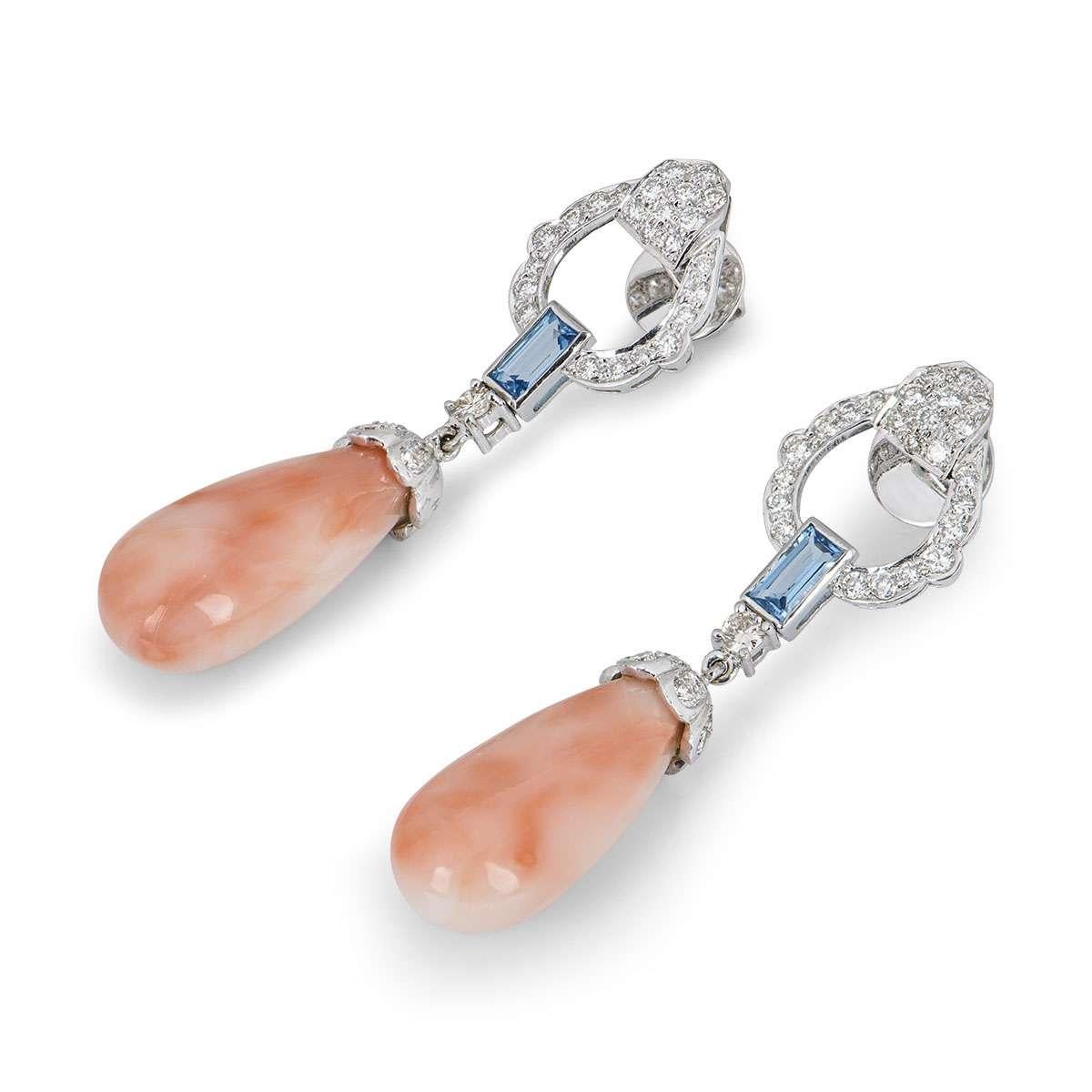Baguette Cut White Gold Coral, Diamond and Topaz Drop Earrings