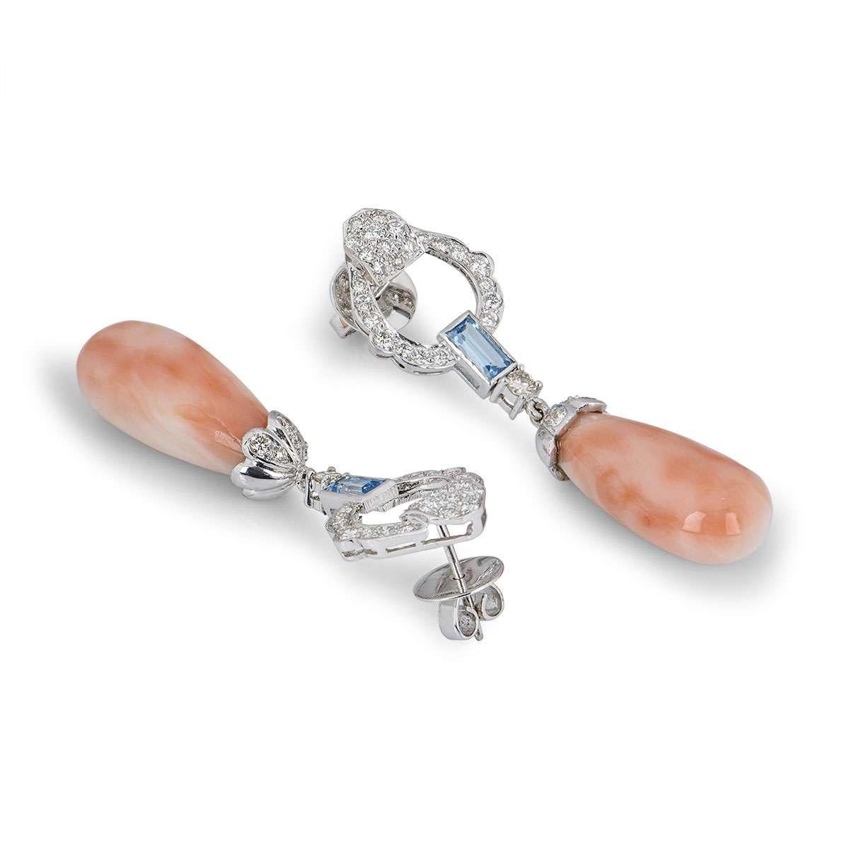 White Gold Coral, Diamond and Topaz Drop Earrings In New Condition In London, GB