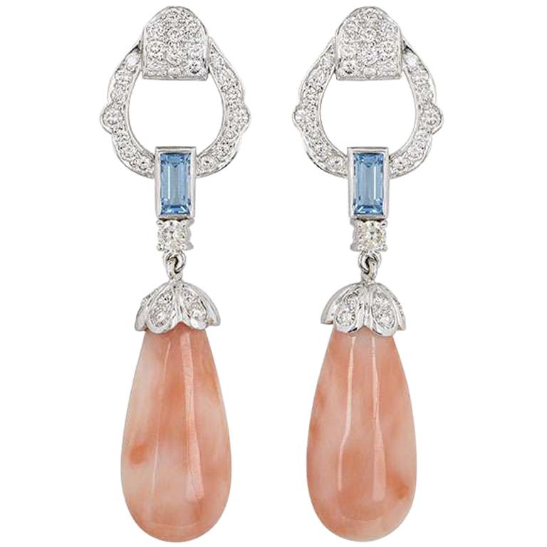 White Gold Coral, Diamond and Topaz Drop Earrings