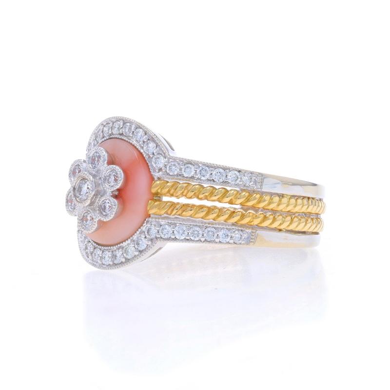 White Gold Coral & Diamond Flower Cluster Ring - 18k 0.55ctw Milgrain Rope In Excellent Condition For Sale In Greensboro, NC