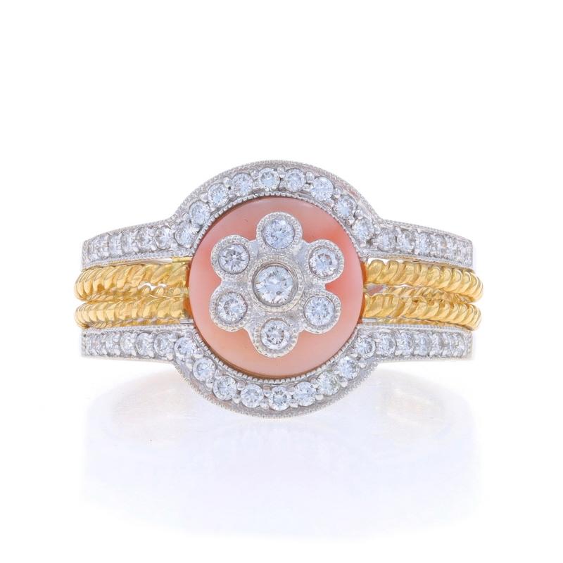 White Gold Coral & Diamond Flower Cluster Ring - 18k 0.55ctw Milgrain Rope
