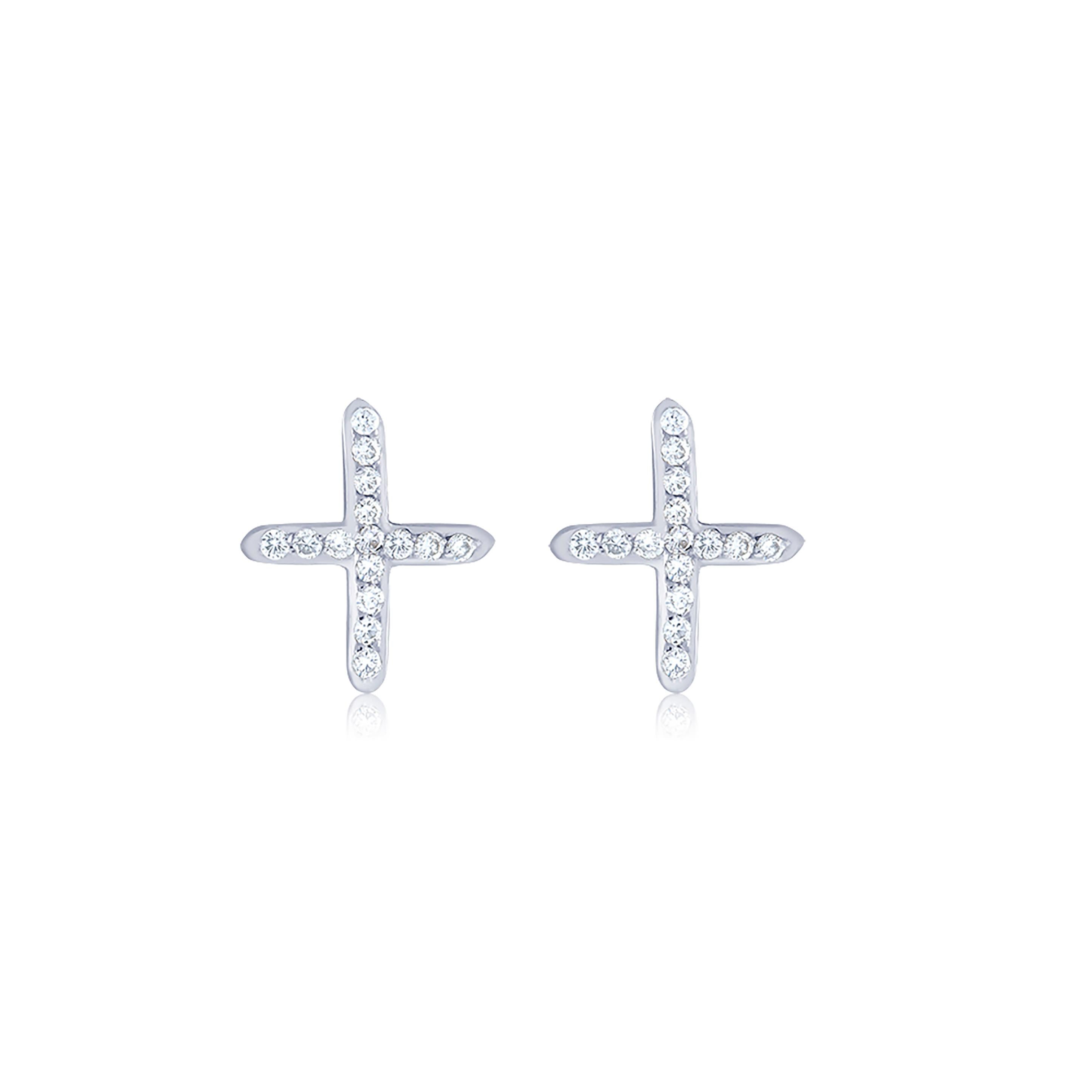 Round Cut White Gold Diamond Cross Stud Earrings Measuring 0.40 Inch