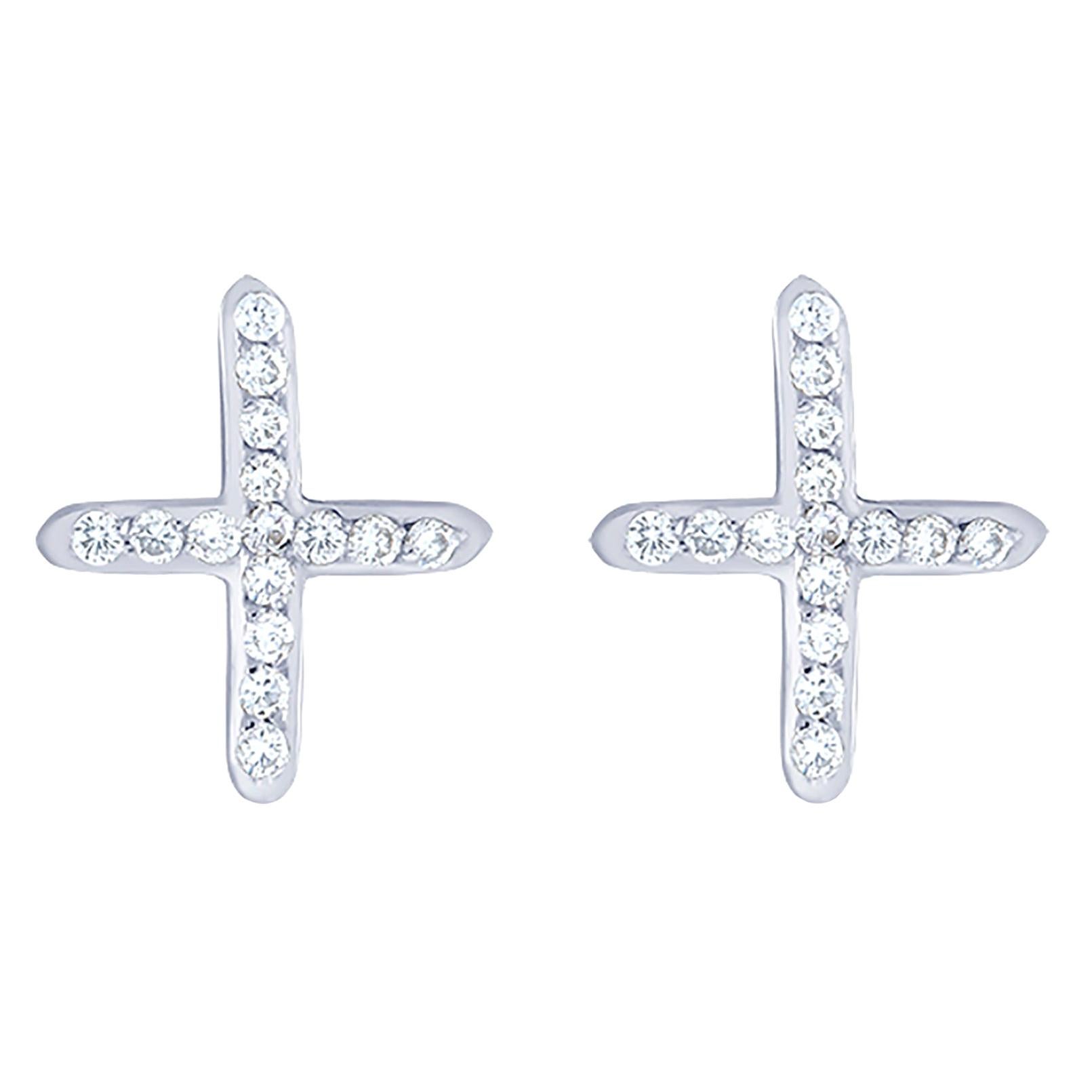 White Gold Diamond Cross Stud Earrings Measuring 0.40 Inch (Rundschliff)