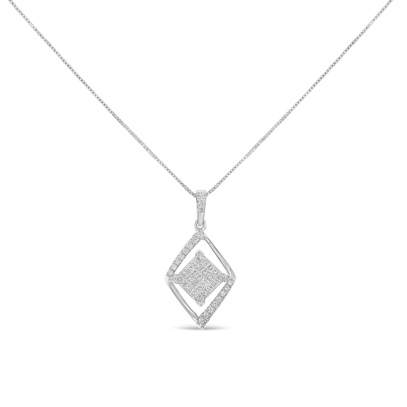 This geometric double rhombus necklace is set with 1/3 cttw of natural, beautiful diamonds. Sure to shine on your neck, this pendant is designed with the finest 10k white gold. Boasting a total diamond weight of 1/3 cttw, this piece will be a