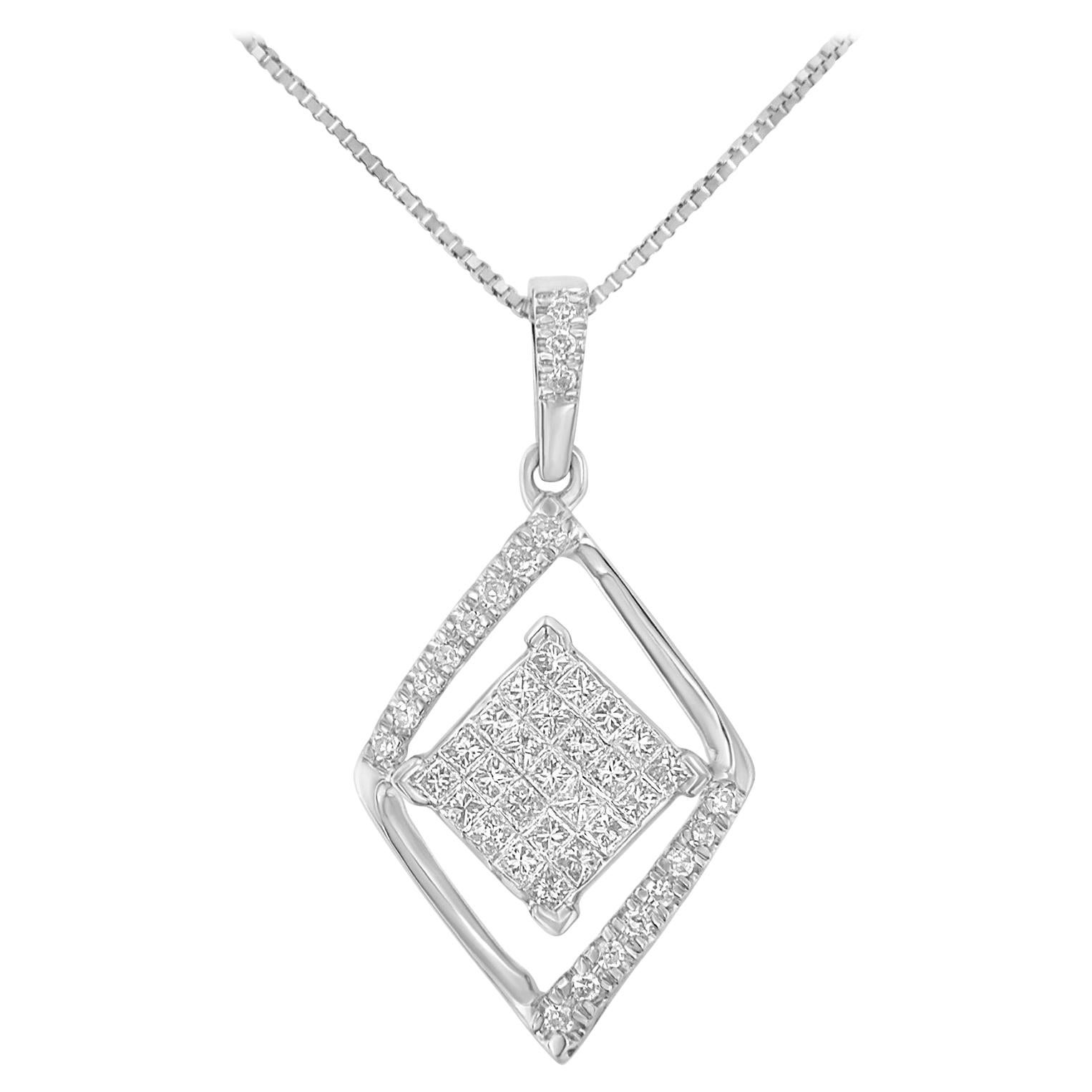 10K White Gold 1/3 Cttw Diamond Double Triangle Pendant Necklace For Sale