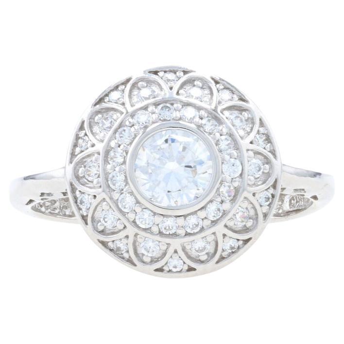White Gold Cubic Zirconia Flower Halo Ring - 14k Round 1.00ctw Cluster Cocktail