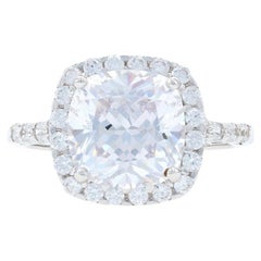 Vintage White Gold Cubic Zirconia Halo Ring, 10k Engagement 6.00ctw CZs