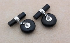Manschettenknöpfe aus Weißgold aus Onyx und Rubinen mit zylindrischem Onyx-Knöpfen