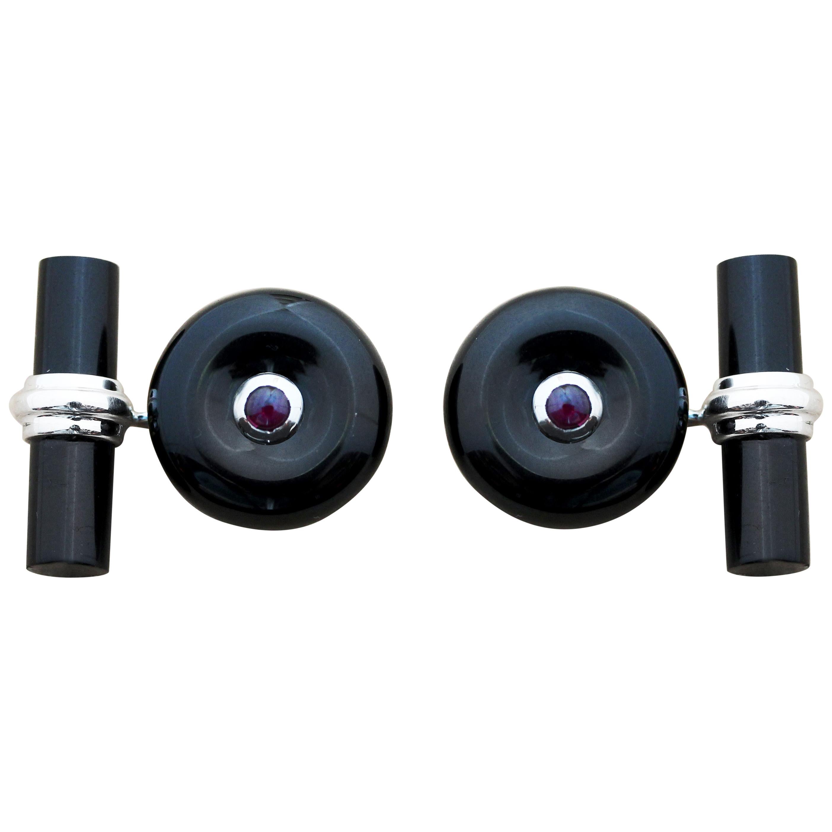 White Gold Cufflinks Onyx and Rubies with Cylindrical Onyx Toggle