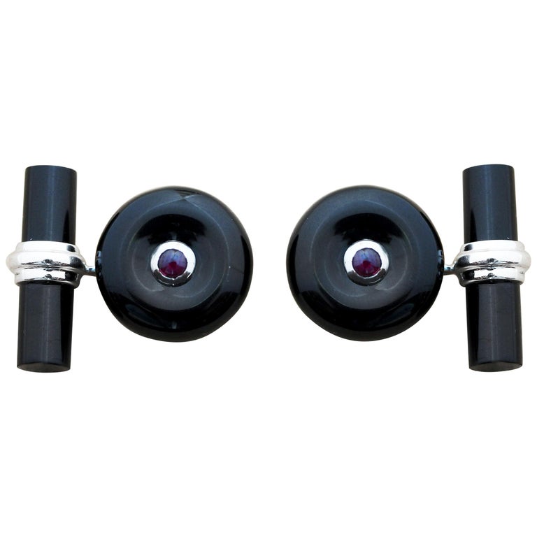 White Gold Cufflinks Onyx and Rubies with Cylindrical Onyx Toggle For Sale