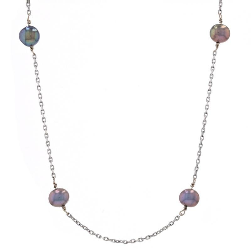 Metal Content: 14k White Gold

Stone Information
Cultured Freshwater Pearls
Color: Greyish Purple

Style: Station
Chain Style: Diamond Cut Cable
Necklace Style: Chain
Fastening Type: Spring Ring Clasp

Measurements
Length: 17 3/4