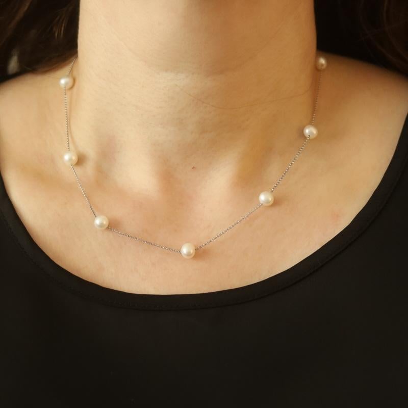 White Gold Cultured Freshwater Pearls Station Necklace 17 3/4