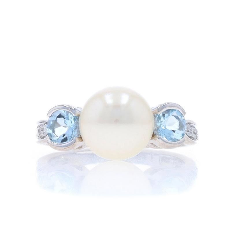 Size: 4 1/2
Sizing Fee: Up 1 size for $40 or Down 1/2 a size for $40

Metal Content: 14k White Gold

Stone Information
Cultured Pearl
Size: 8.2mm

Natural Aquamarines
Treatment: Heating
Carat(s): .50ctw
Cut: Round
Color: Blue

Natural