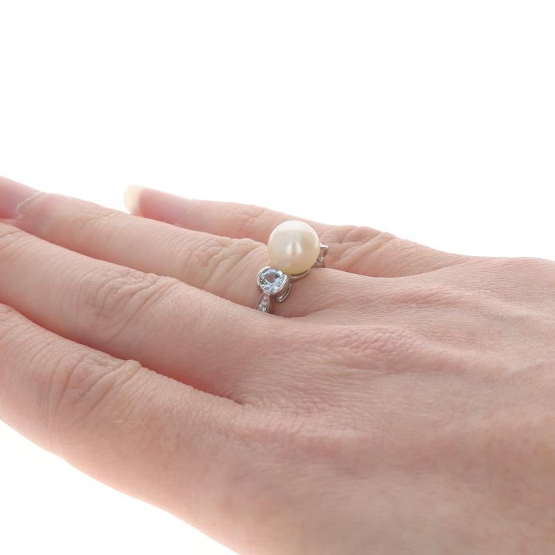 Women's White Gold Cultured Pearl, Aquamarine, & Diamond Ring - 14k .56ctw For Sale