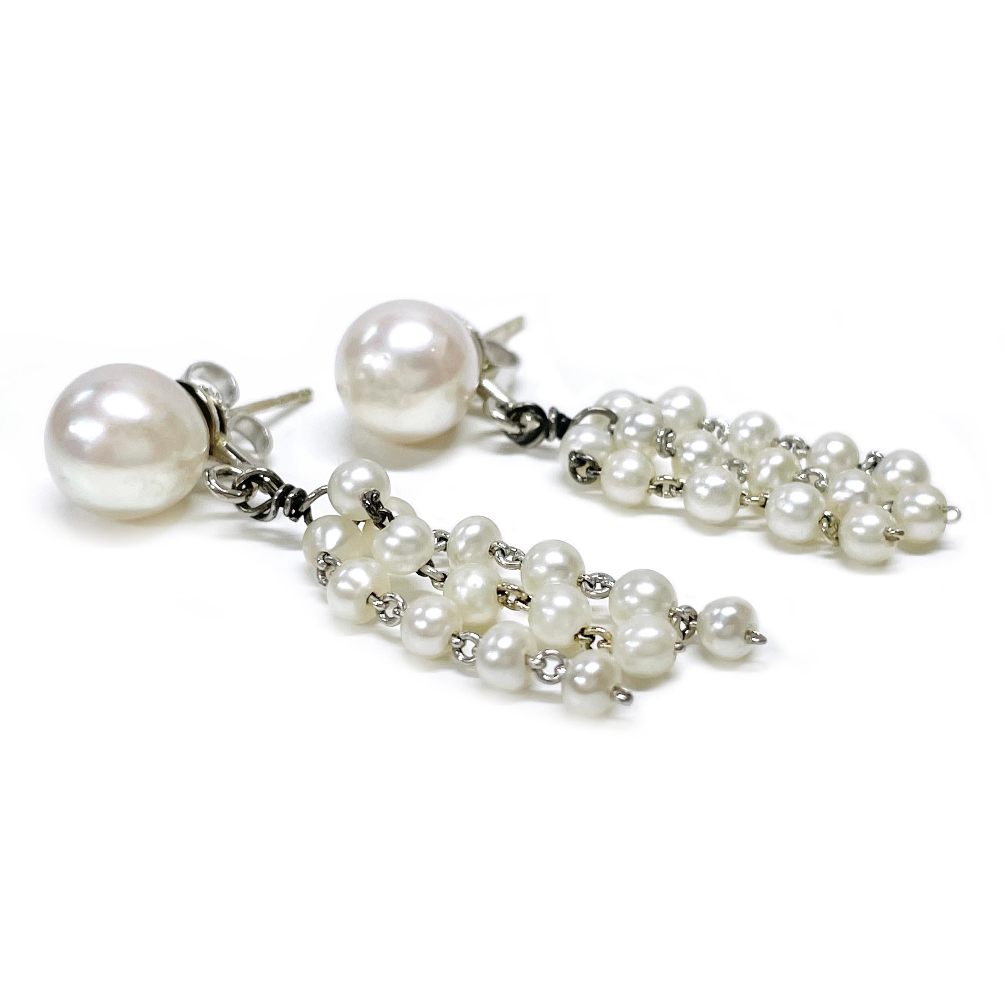 Retro White Gold Cultured Pearl Dangle Earrings For Sale