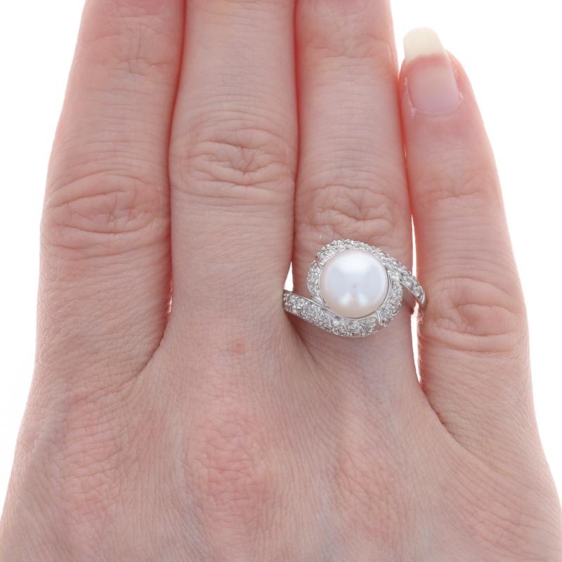Bead White Gold Cultured Pearl & Diamond Bypass Ring - 14k .40ctw