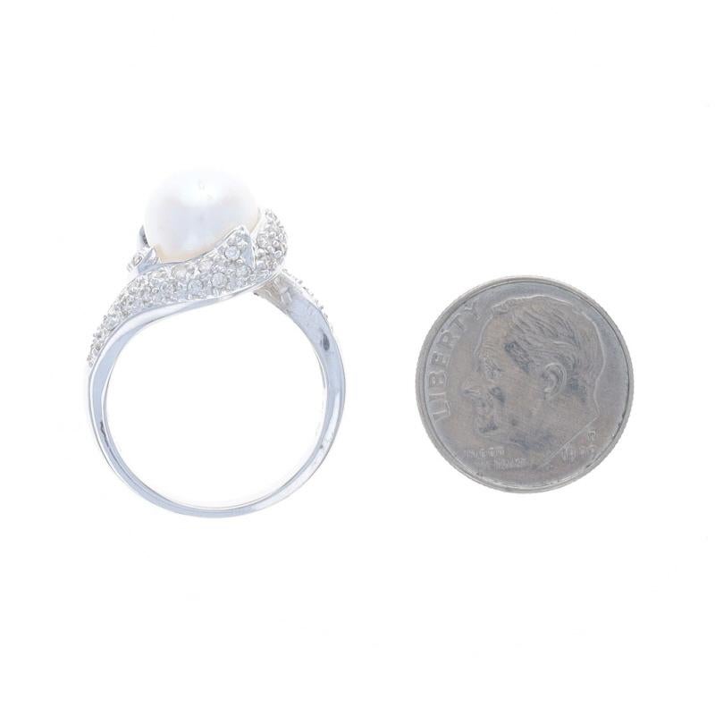 White Gold Cultured Pearl & Diamond Bypass Ring - 14k .40ctw 1