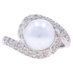 White Gold Cultured Pearl & Diamond Bypass Ring - 14k .40ctw