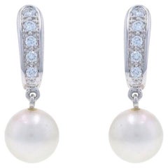 Orecchini pendenti in oro bianco con perle coltivate e diamanti - 14k .20ctw - forati