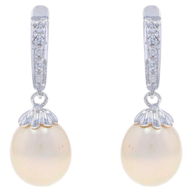 White Gold Cultured Pearl & Diamond Dangle Earrings - 14k Pierced