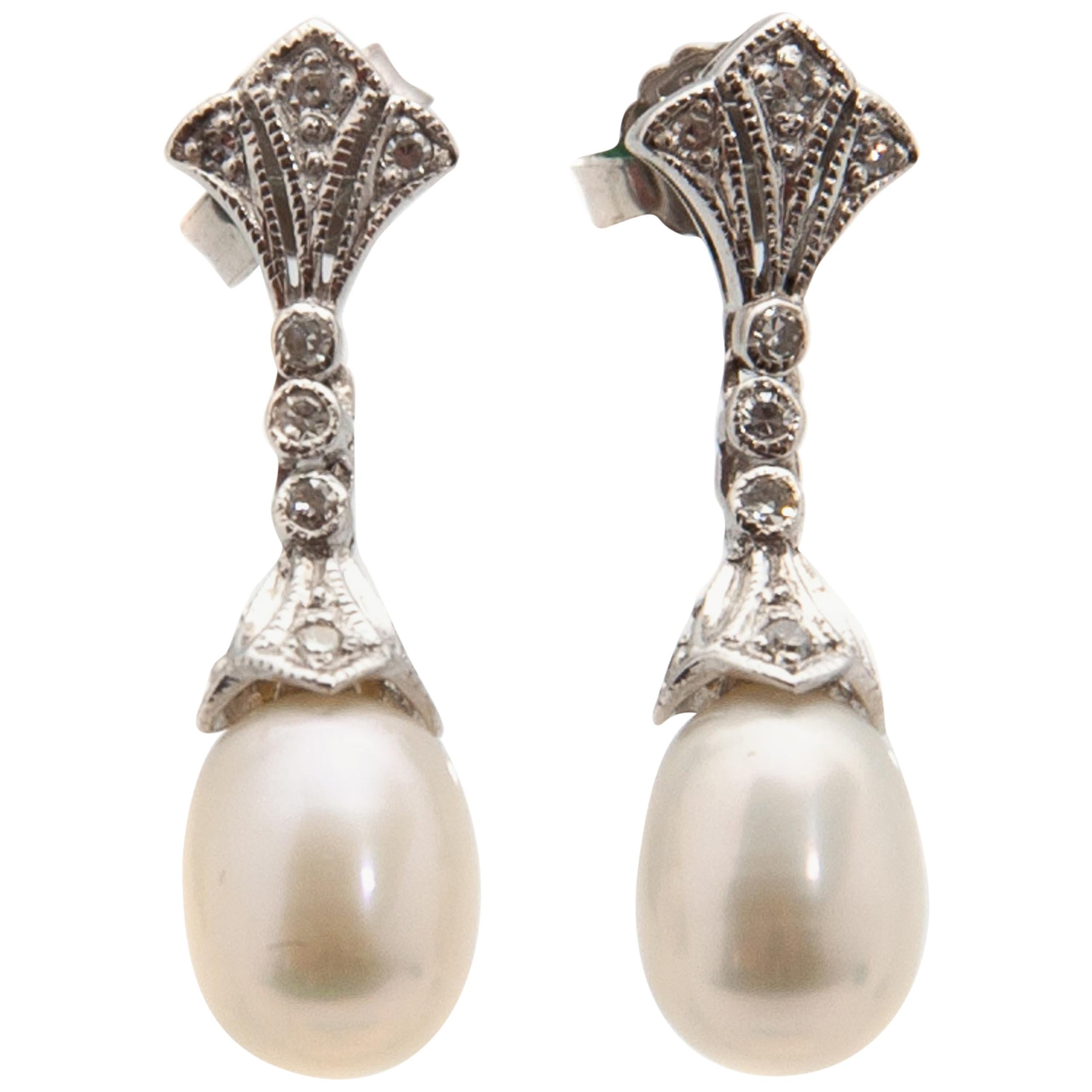 Art Deco Diamond Pearl 14 Karat White Gold Drop Earrings