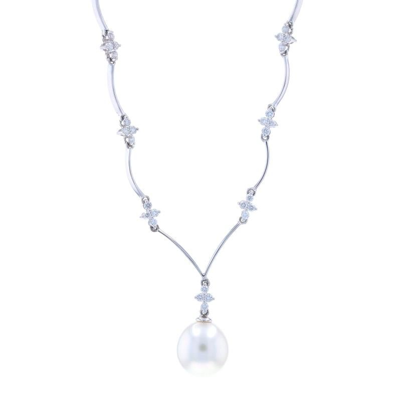 Metal Content: 18k White Gold

Stone Information
Cultured Pearl
Color: White

Natural Diamonds
Carat(s): .54ctw
Cut: Round Brilliant
Color: G - H
Clarity: VS2 - SI1

Total Carats: .54ctw

Style: Drop
Fastening Type: Tab Box Clasp with One Side