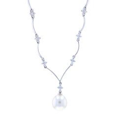 White Gold Cultured Pearl Diamond Drop Necklace 16" - 18k .54ctw Floral Scallop