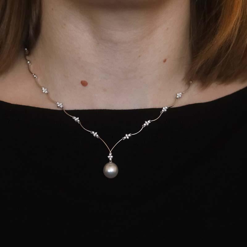 White Gold Cultured Pearl Diamond Drop Necklace 16