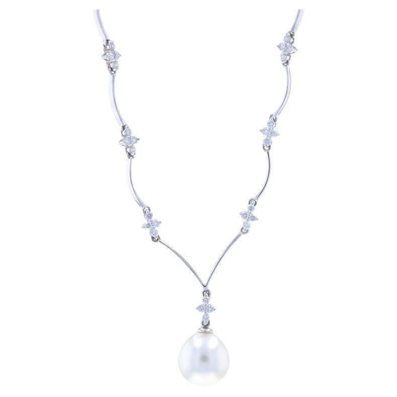 White Gold Cultured Pearl Diamond Drop Necklace 16" - 18k .54ctw Floral Scallop For Sale