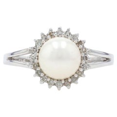 Antique White Gold Cultured Pearl 
Diamond Halo Ring, 14k Single Cut .20ctw