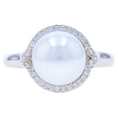 Anello aureola con perle coltivate e diamanti in oro bianco - 18k .14ctw