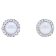 White Gold Cultured Pearl Diamond Halo Stud Earrings 14k Pierced