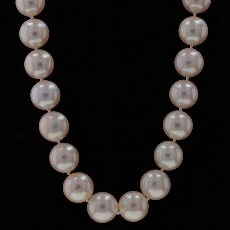 Metal Content: 14k White Gold

Stone Information
Cultured Pearls
Size: 9.4mm - 10.3mm

Natural Diamonds
Carat(s): .08ctw
Cut: Round Brilliant
Color: G - H
Clarity: SI1

Style: Knotted Strand
Fastening Type: Tab Box Clasp with Safety