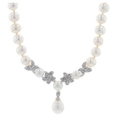 White Gold Cultured Pearl 
Diamond Knotted Strand Necklace 14k .15ctw