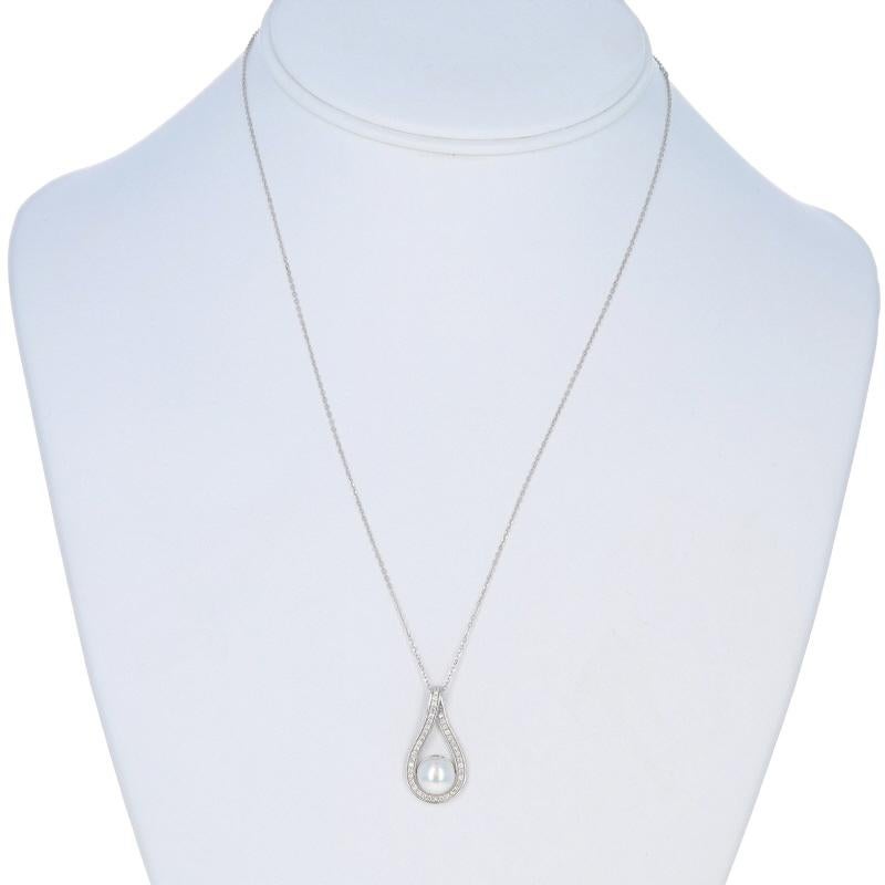 White Gold Cultured Pearl Diamond Necklace 14k .20ctw Teardrop Adjustable Neuf - En vente à Greensboro, NC