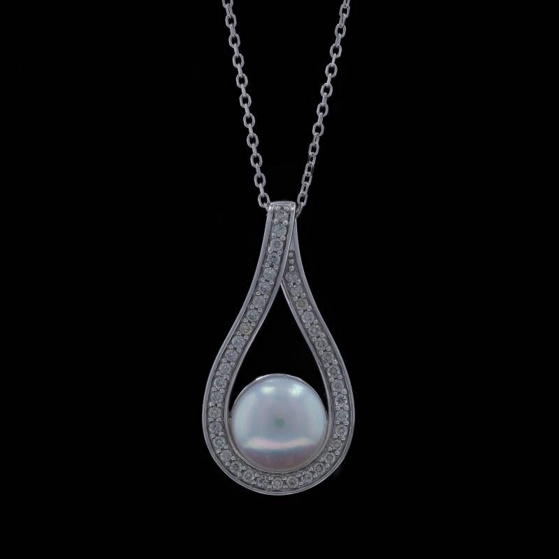 White Gold Cultured Pearl Diamond Necklace 14k .20ctw Teardrop Adjustable Pour femmes en vente