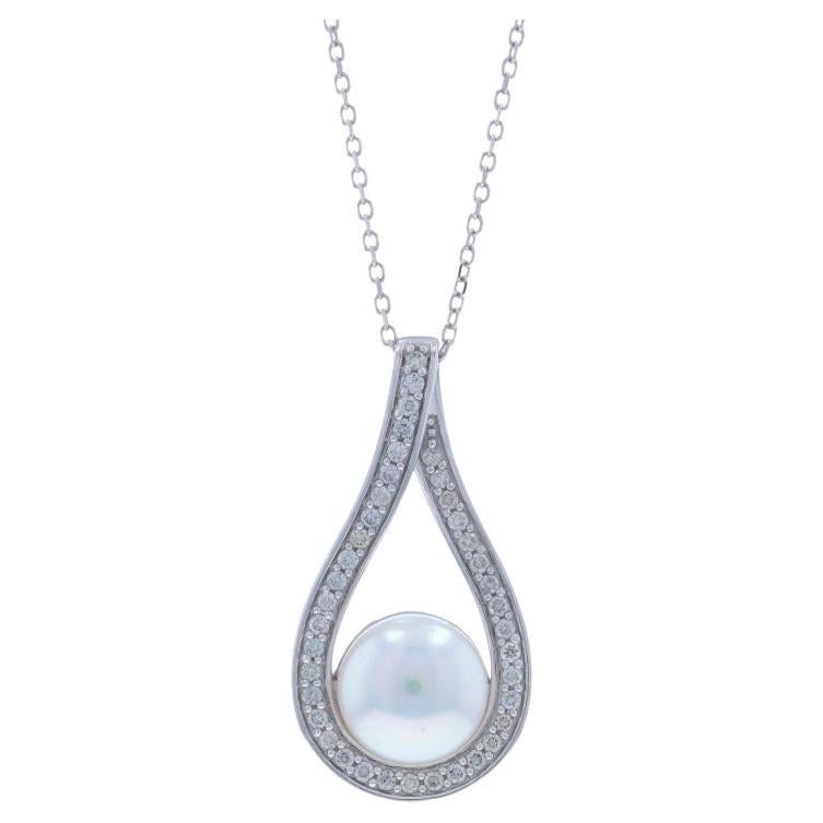 White Gold Cultured Pearl Diamond Necklace 14k .20ctw Teardrop Adjustable