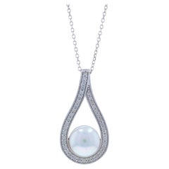 White Gold Cultured Pearl Diamond Necklace 14k .20ctw Teardrop Adjustable