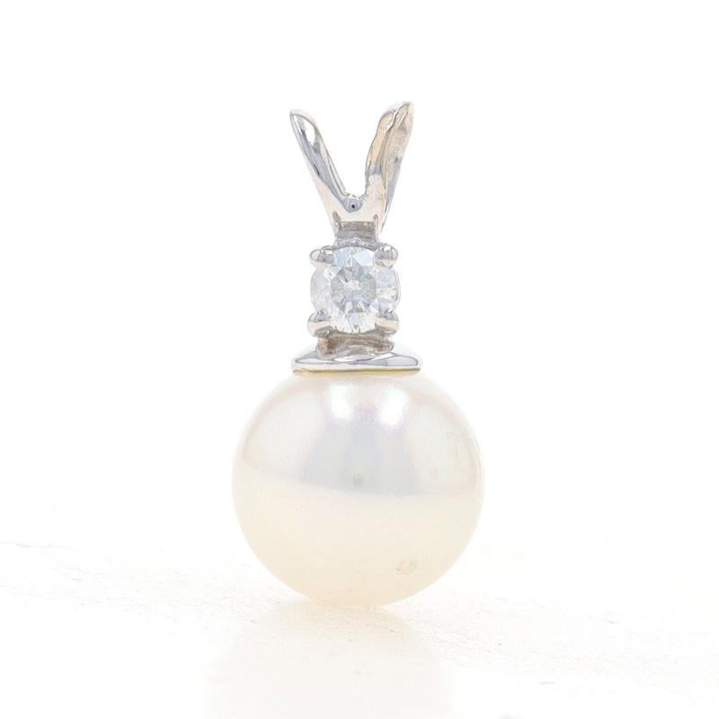 Metal Content: 14k White Gold

Stone Information
Cultured Pearl
Color: White

Natural Diamond
Carat(s): .08ct
Cut: Round Brilliant
Color: G
Clarity: I2

Style: Solitaire with Accent

Measurements
Tall (from stationary bail): 21/32