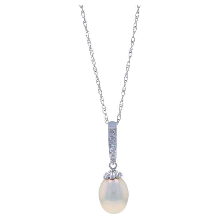 White Gold Cultured Pearl & Diamond Pendant Necklace 18" - 14k