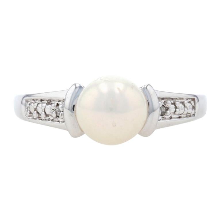 White Gold Cultured Pearl & Diamond Ring, 10k