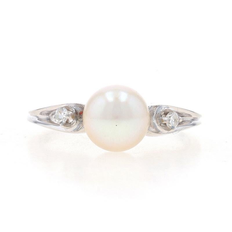 Size: 5 1/2
Sizing Fee: Up 2 sizes for $40 or Down 2 sizes for $40

Metal Content: 14k White Gold

Stone Information
Cultured Pearl
Color: Cream
Size: 6.9mm

Natural Diamonds
Carat(s): .05ctw
Cut: Single
Color: H - I
Clarity: VS1 - VS2

Style: