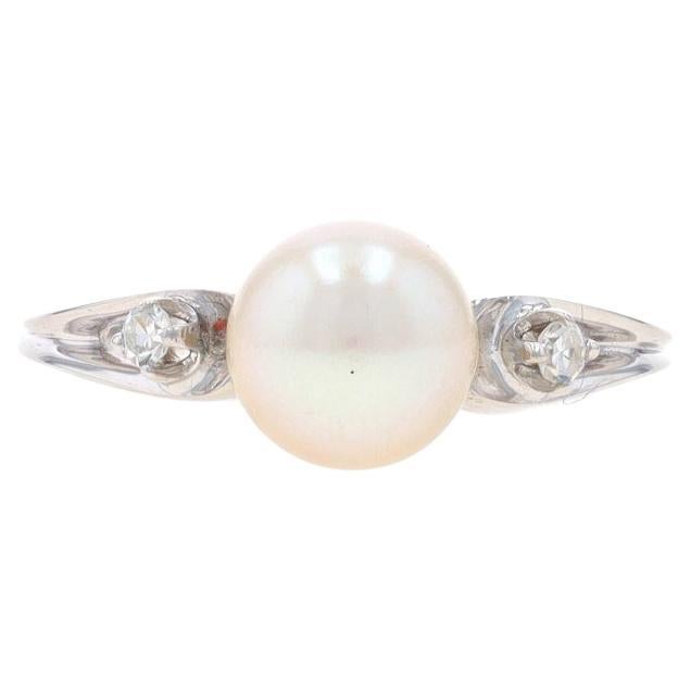 White Gold Cultured Pearl & Diamond Ring - 14k 6.9mm For Sale