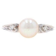White Gold Cultured Pearl & Diamond Ring - 14k 6.9mm