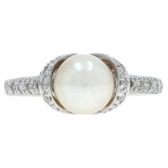 White Gold Cultured Pearl Diamond Ring - 14k Round .24ctw